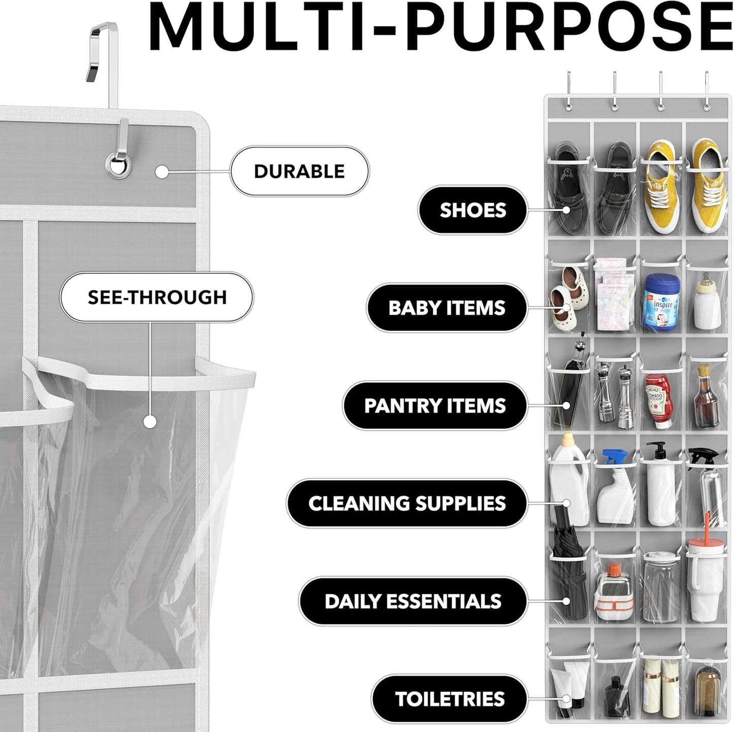 SimpleHouseware Crystal Clear Over The Door Hanging Shoe Organizer, 24 Pockets, Grey (162.6 cm H x 48.6 cm W) V1258-DP02-B-1832