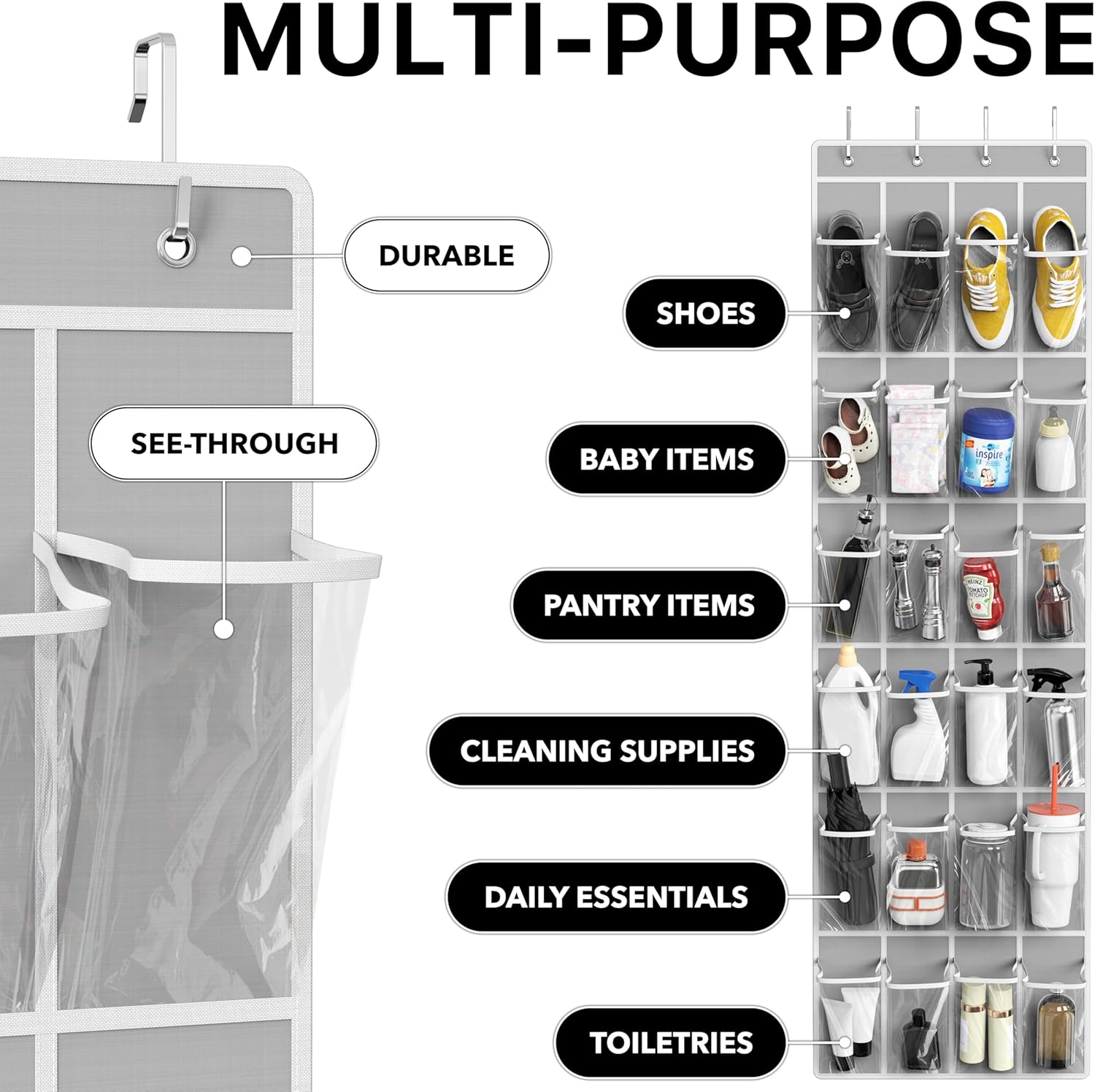 SimpleHouseware Crystal Clear Over The Door Hanging Shoe Organizer, 24 Pockets, Grey (162.6 cm H x 48.6 cm W) V1258-DP02-B-1832