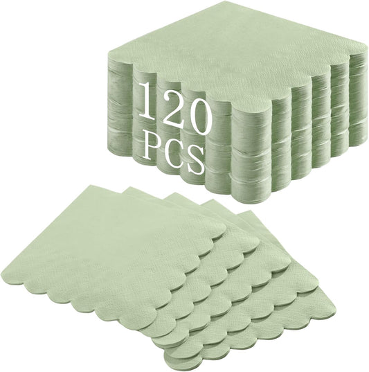 120 Pcs Cocktail Napkins Sage Green Wedding Napkins Disposable Baby Shower Scalloped Napkins for Bridal V1258-DP02-B-1840