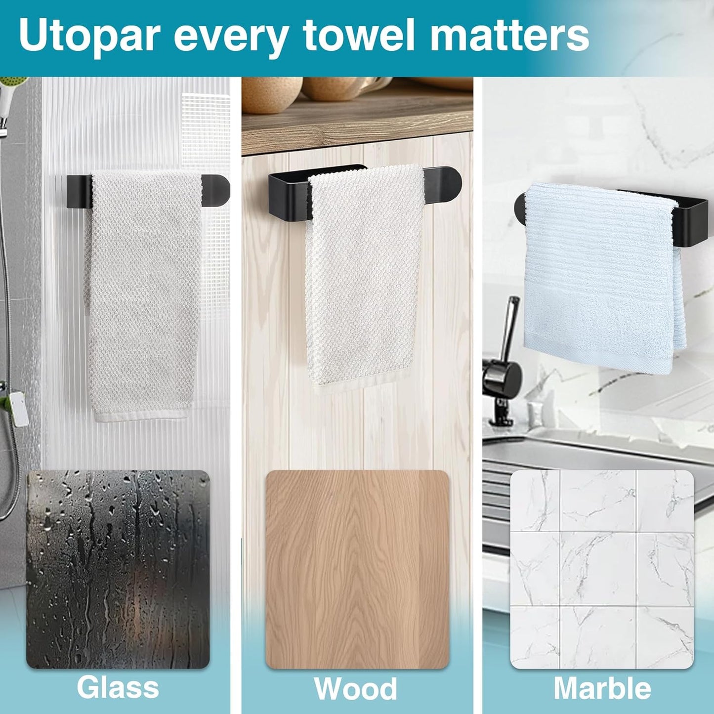 8 Inch Hand Towel Holder, Self Adhesive Towel Bar for Bathroom, Rustproof Aluminum U-Shape Towel Rack Stick V1258-DP02-B-1844