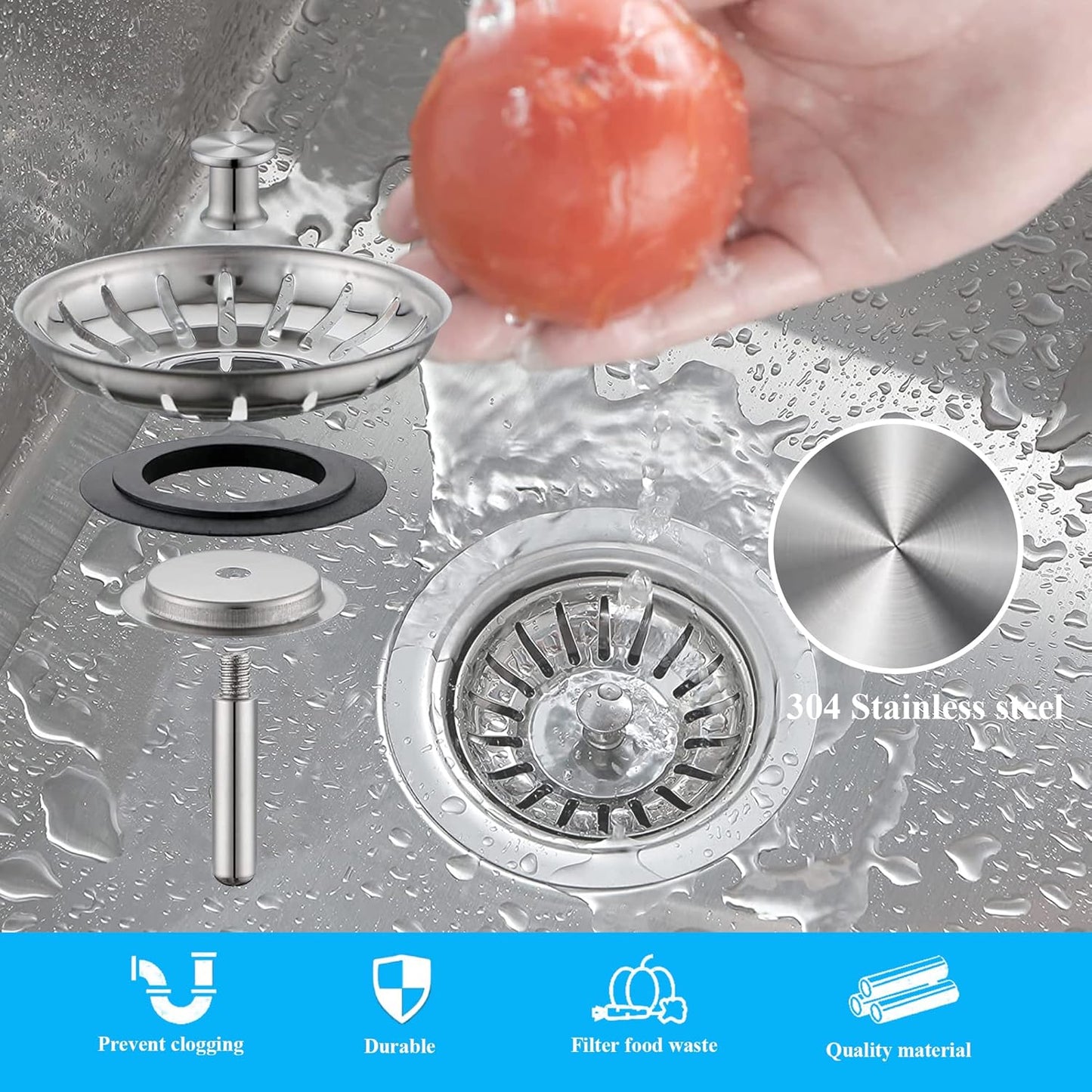 [2 Pack] Kitchen Sink Strainer - Sink Drain Stopper - Kitchen Sink Plug with Anti-Clogging Basket - Bouchon V1258-DP02-B-1849