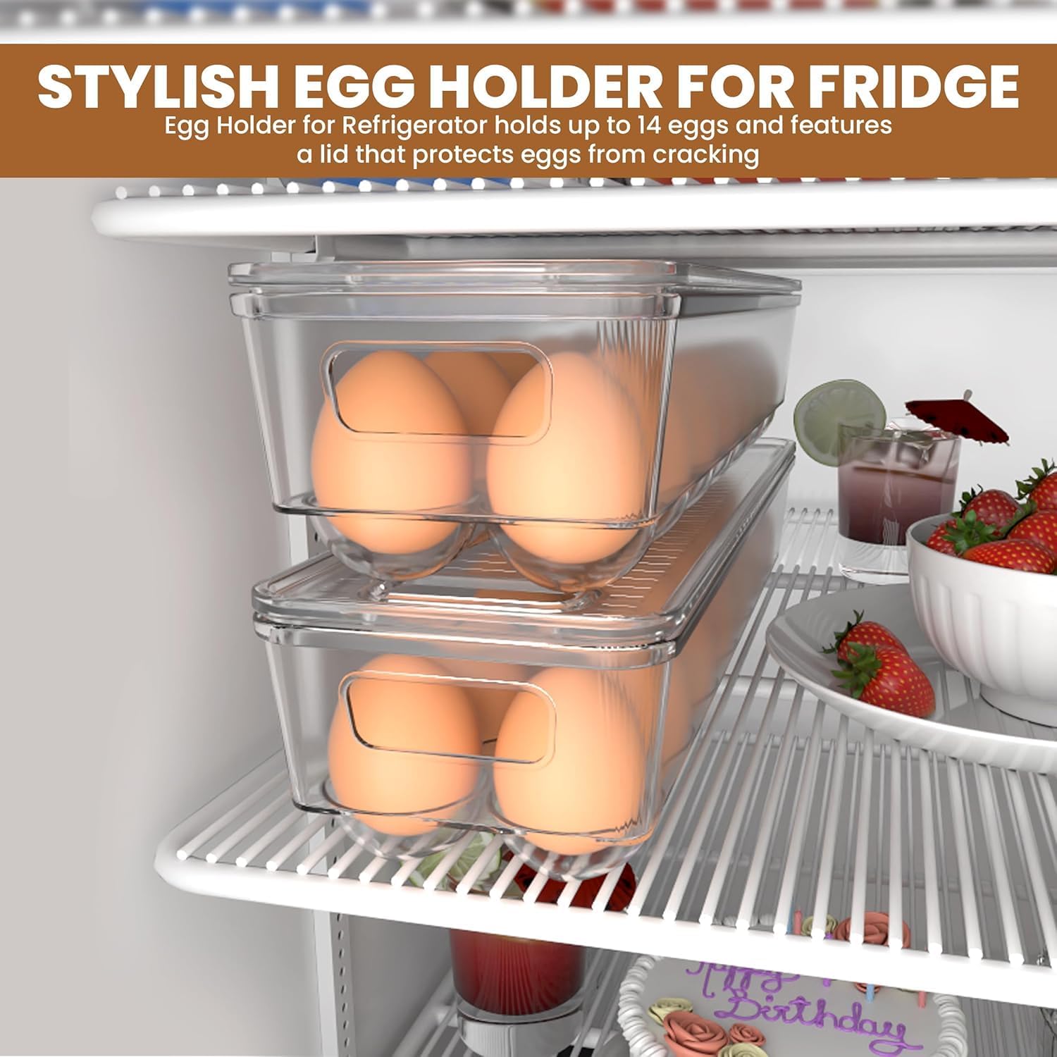 Pack of 2 - Egg Basket for fridge - Egg Holder for Fridge - 14 Egg Container With Lid & Handle, Egg Container V1258-DP02-B-1869