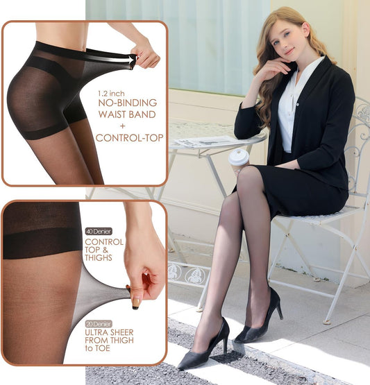 3 Pairs Women's Sheer Tights - 20D Control Top Pantyhose with Reinforced Toes V1258-DP02-B-1891