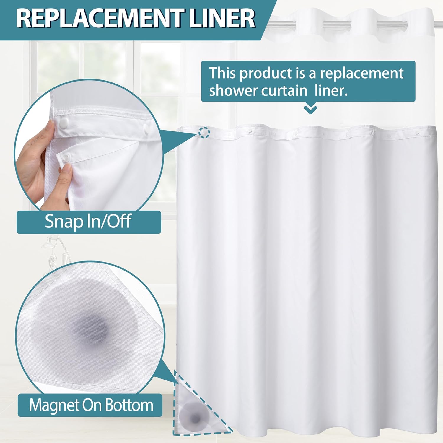 Snap in Shower Curtain Liner Replacement Shower Curtain Liner Removable Liner (1 Pack, 70" W x 54" H-White) V1258-DP02-B-1892