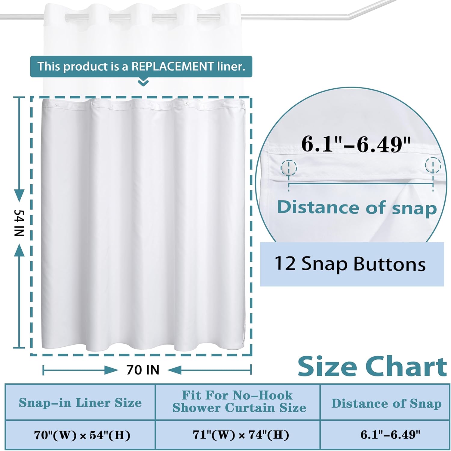 Snap in Shower Curtain Liner Replacement Shower Curtain Liner Removable Liner (1 Pack, 70" W x 54" H-White) V1258-DP02-B-1892
