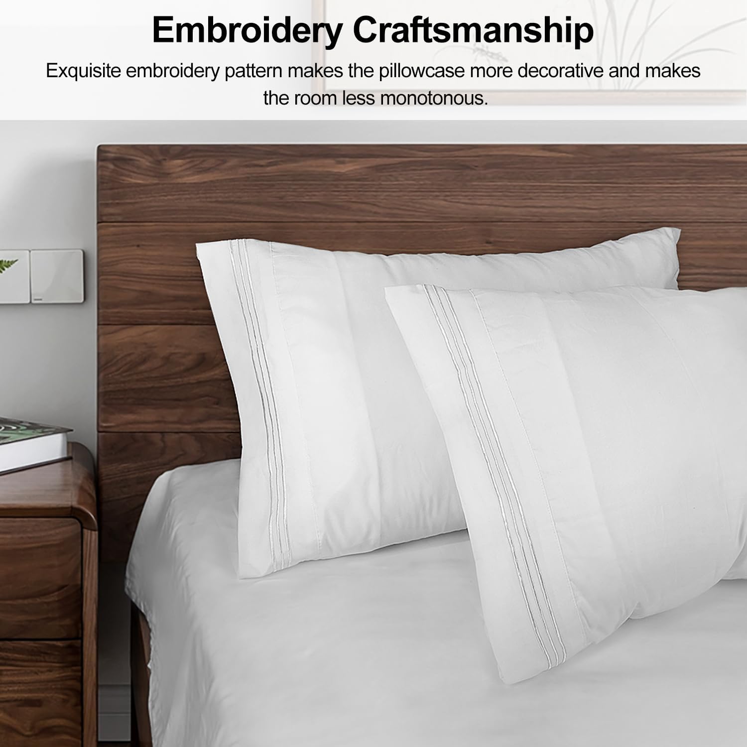 King Pillow Cases 2 Pack,1800 Thread Count Embroidered Soft Brushed Microfiber Pillowcases,White V1258-DP02-B-1903