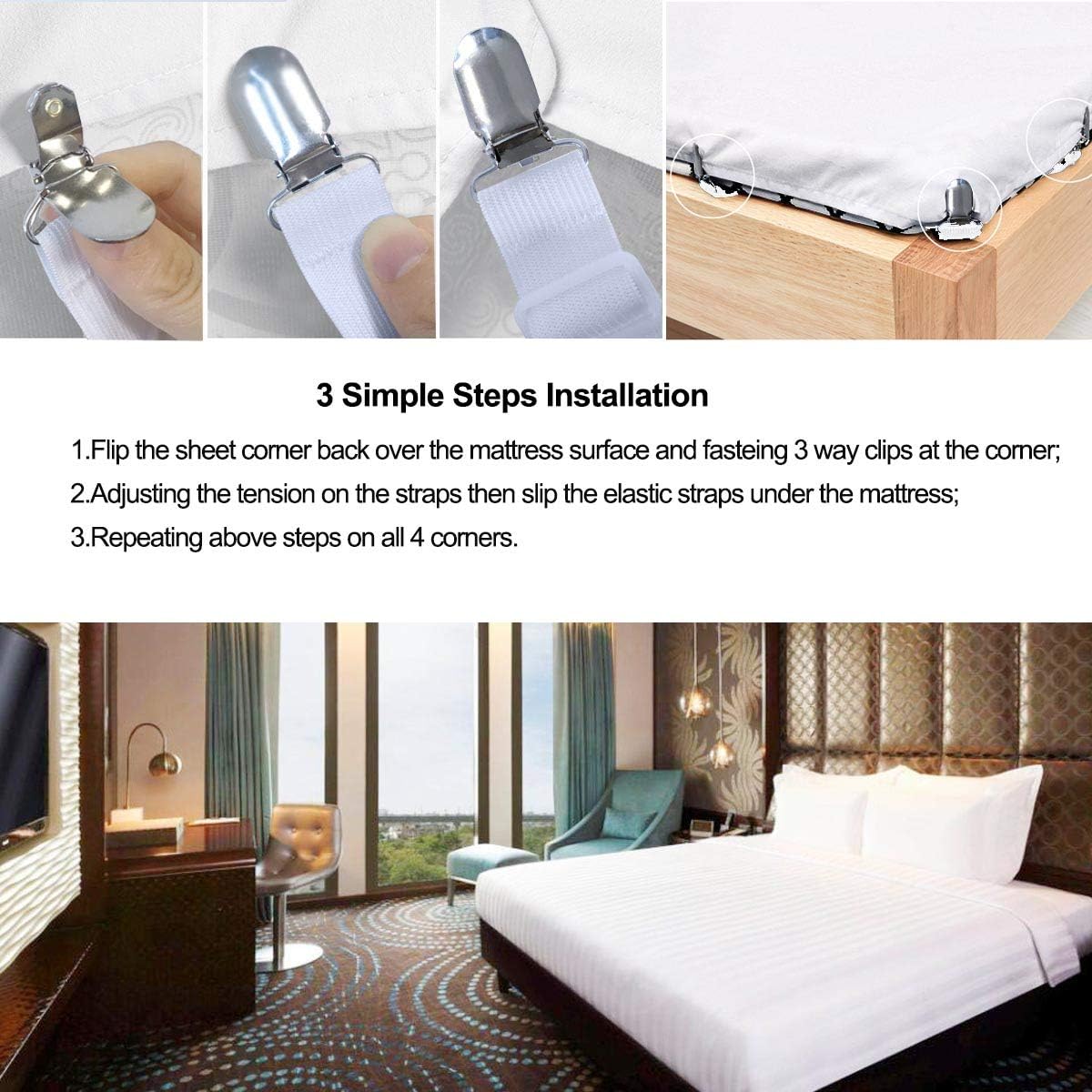 Bed Sheet Holders Straps Fasteners - 4 Pcs Triangle Sheet Fasteners Fitted Flat Sheet Corner Holder Elastic V1258-DP02-B-1906