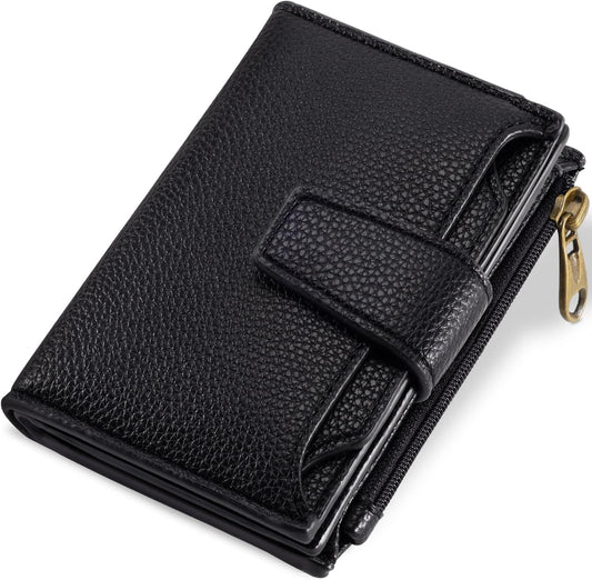Small Wallet Women RFID Blocking Genuine Leather Bifold Compact Card Holder for Women with Zipper Coin Pocket V1258-DP02-B-1909