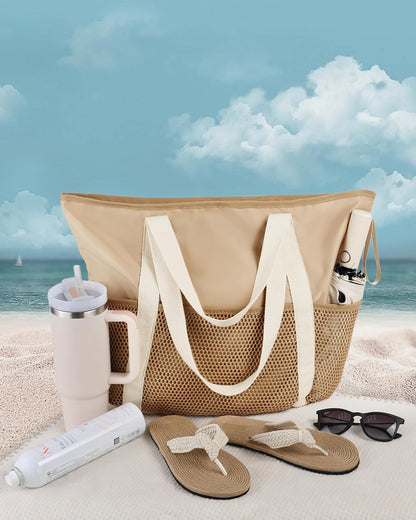 Beach Bag Large Waterproof Sandproof Tote for Women with Zipper and Mesh Pockets V1258-DP02-B-1920
