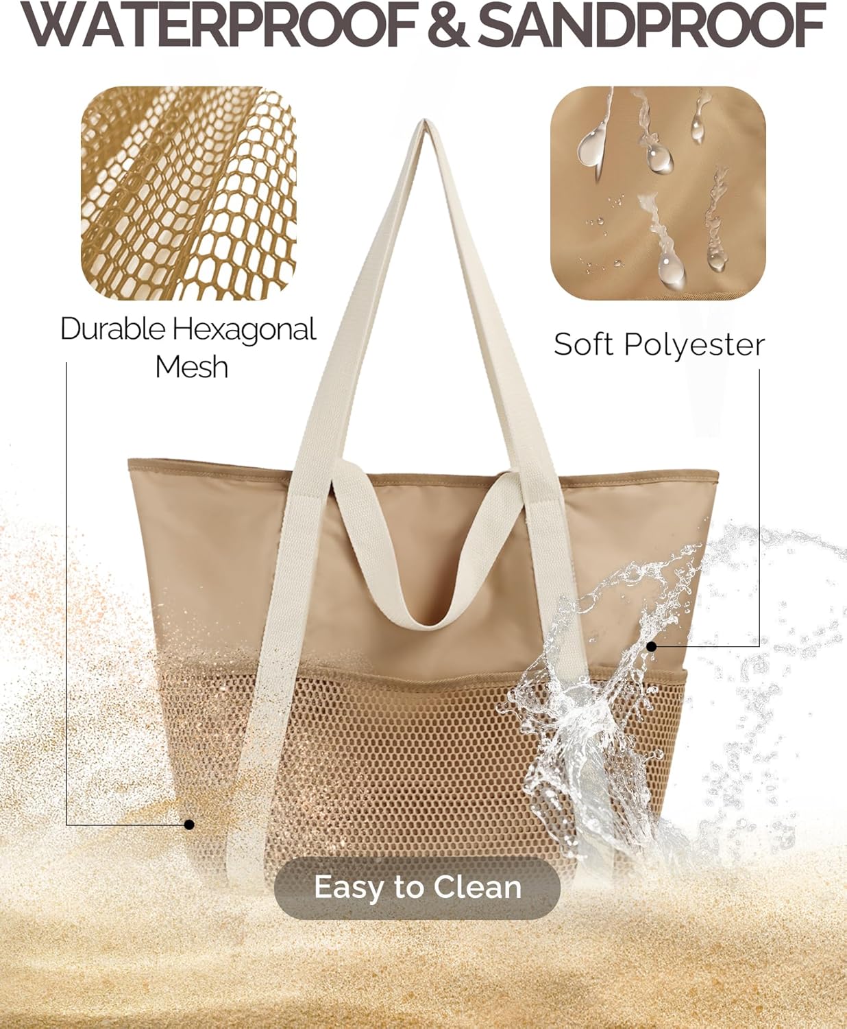 Beach Bag Large Waterproof Sandproof Tote for Women with Zipper and Mesh Pockets V1258-DP02-B-1920