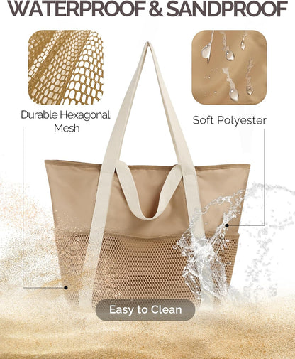 Beach Bag Large Waterproof Sandproof Tote for Women with Zipper and Mesh Pockets V1258-DP02-B-1920