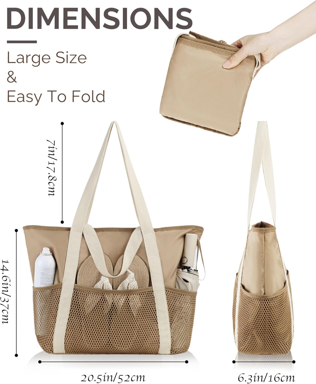 Beach Bag Large Waterproof Sandproof Tote for Women with Zipper and Mesh Pockets V1258-DP02-B-1920