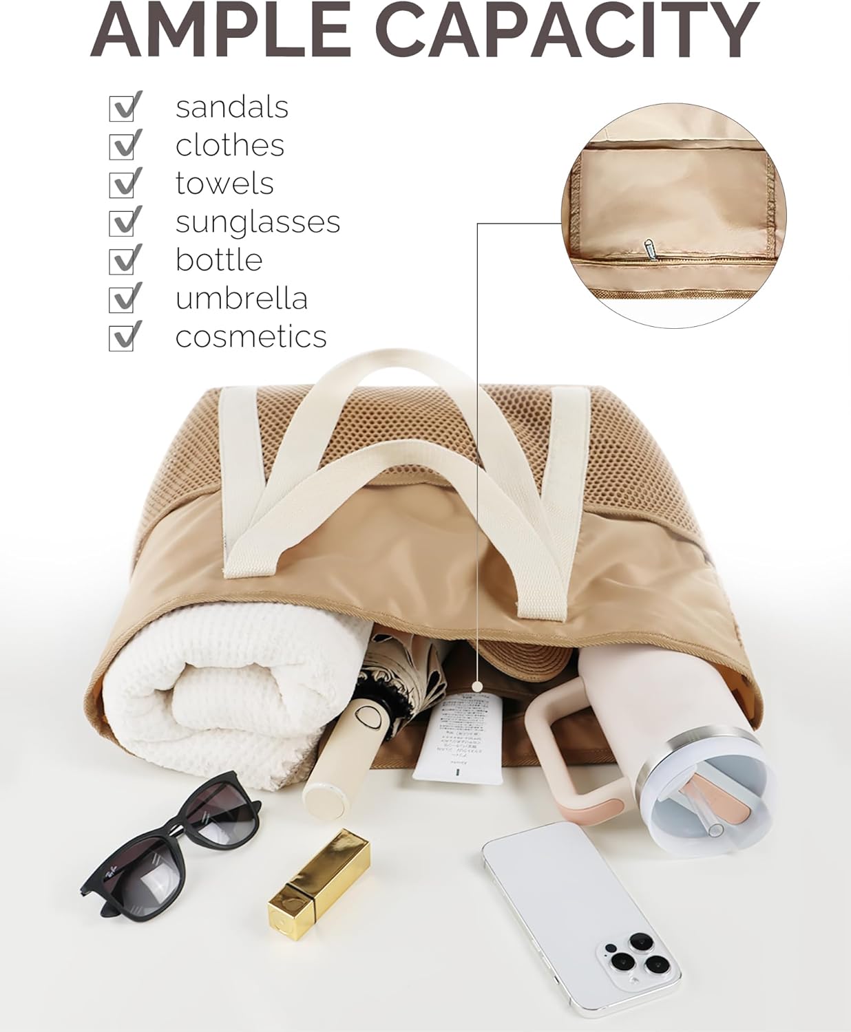 Beach Bag Large Waterproof Sandproof Tote for Women with Zipper and Mesh Pockets V1258-DP02-B-1920