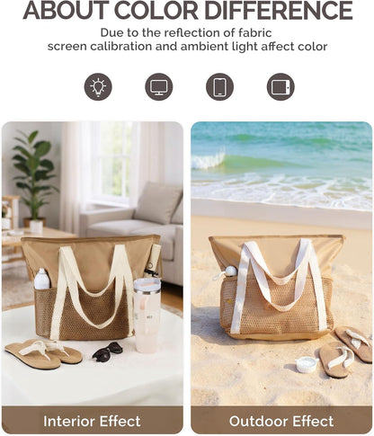 Beach Bag Large Waterproof Sandproof Tote for Women with Zipper and Mesh Pockets V1258-DP02-B-1920