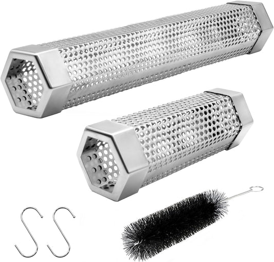 Pellet Smoker Tube Set, 6" & 12" Stainless Steel BBQ Wood Smoker Tube with Brush and 2 Hooks for 2.5hrs/5hrs V1258-DP02-B-193