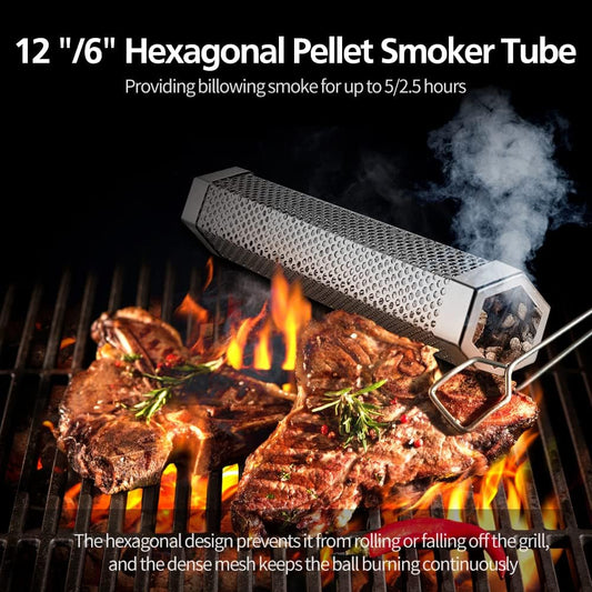 Pellet Smoker Tube Set, 6" & 12" Stainless Steel BBQ Wood Smoker Tube with Brush and 2 Hooks for 2.5hrs/5hrs V1258-DP02-B-193