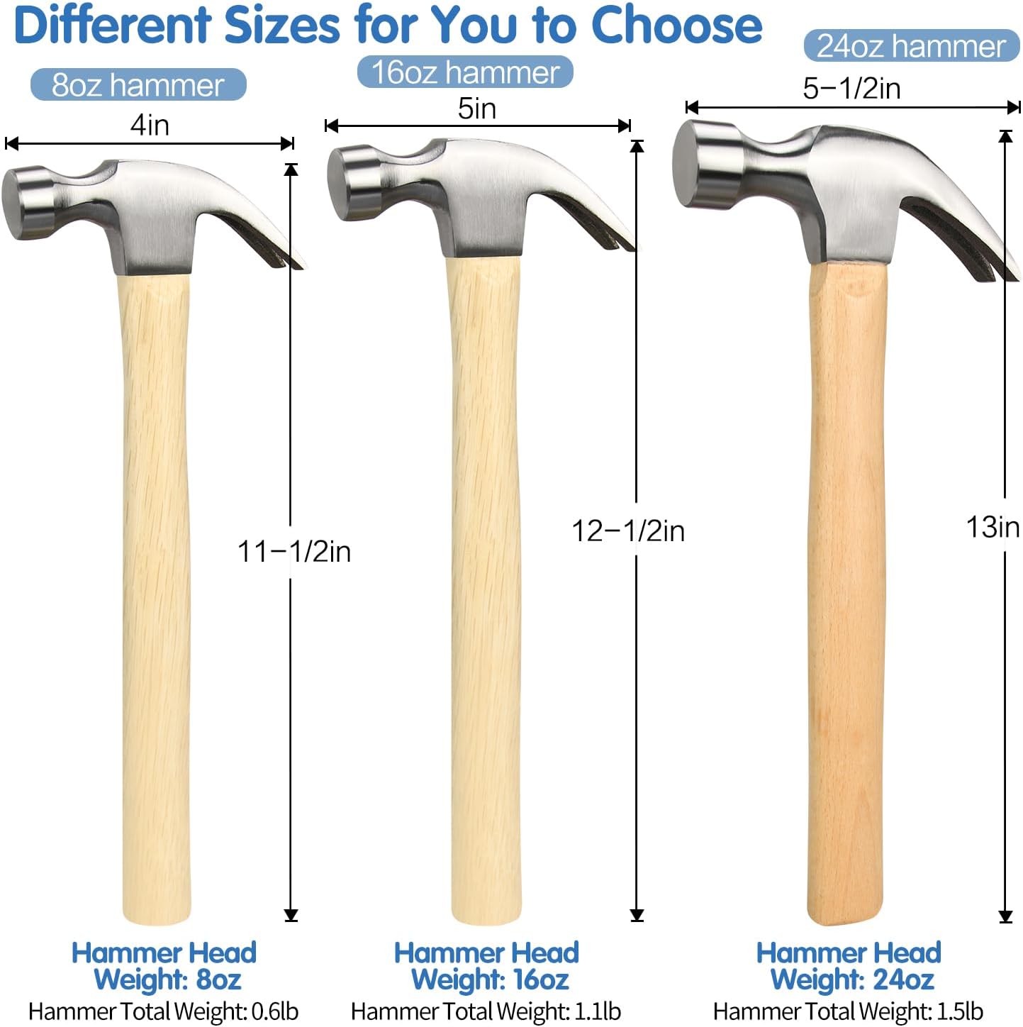 16oz Claw Hammer, General Purpose Claw Hammer with Wooden Handle & Forged Steel Head V1258-DP02-B-194