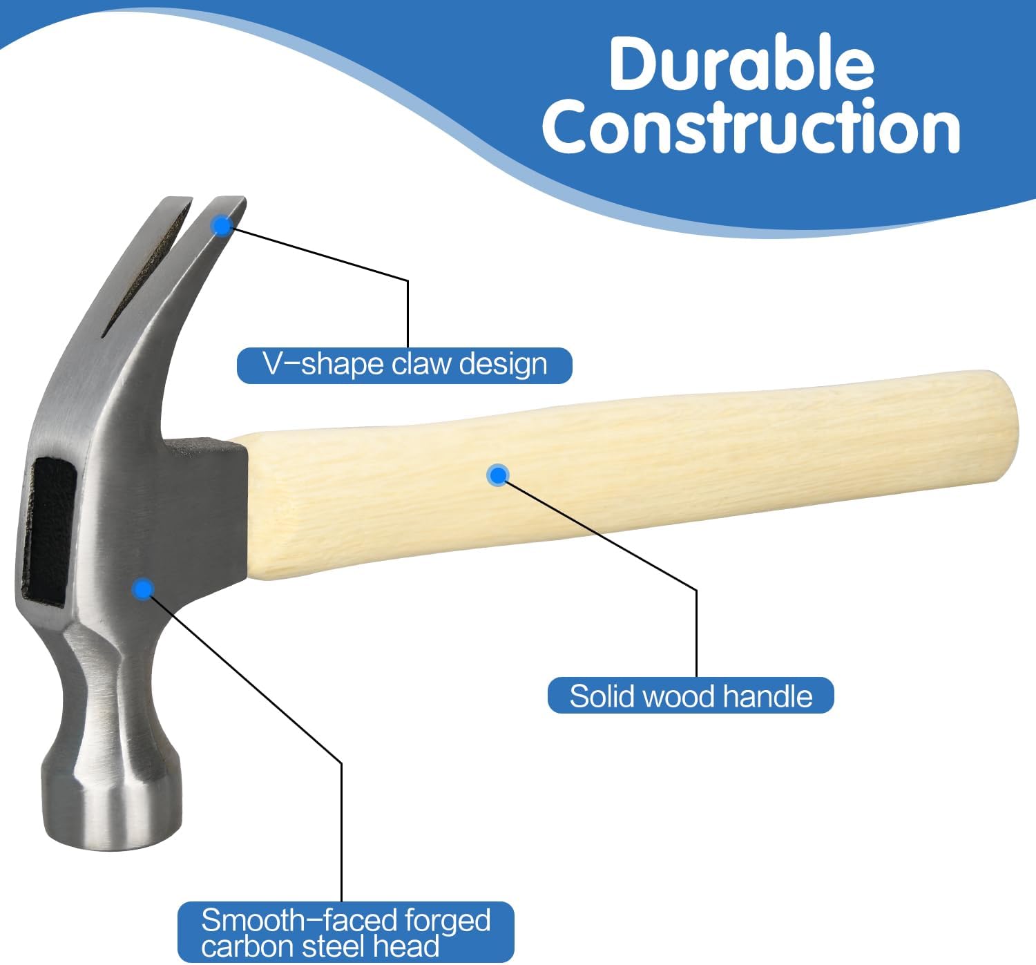 16oz Claw Hammer, General Purpose Claw Hammer with Wooden Handle & Forged Steel Head V1258-DP02-B-194