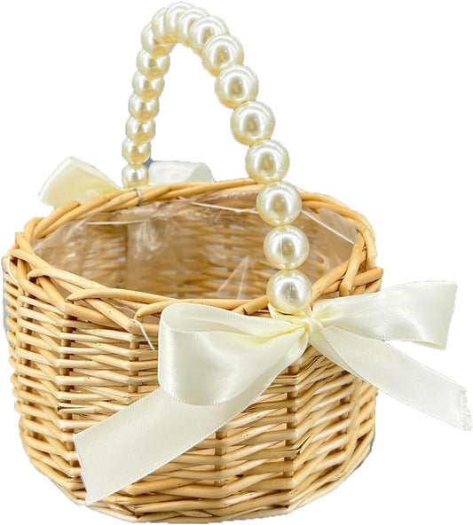 Wicker Rattan Flower Girl Basket with Bows,Pearl Handle Flower Basket,Wedding Flower Girl Basket and Home V1258-DP02-B-1941