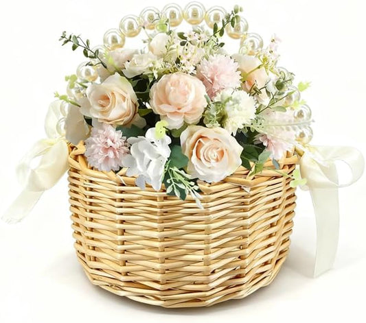 Wicker Rattan Flower Girl Basket with Bows,Pearl Handle Flower Basket,Wedding Flower Girl Basket and Home V1258-DP02-B-1941