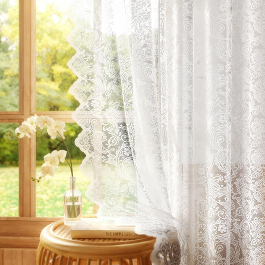 Vintage Lace Sheer Curtains 63" 2 Panels White, Elegant Floral Soft Fabric, Scalloped Edge, Easy Install Rod V1258-DP02-B-1952