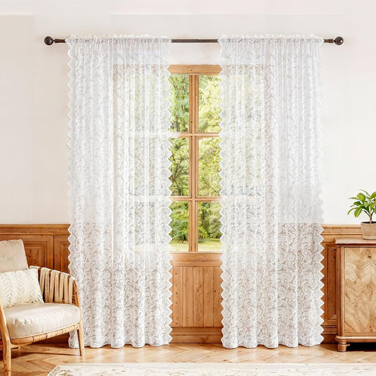 Vintage Lace Sheer Curtains 63" 2 Panels White, Elegant Floral Soft Fabric, Scalloped Edge, Easy Install Rod V1258-DP02-B-1952