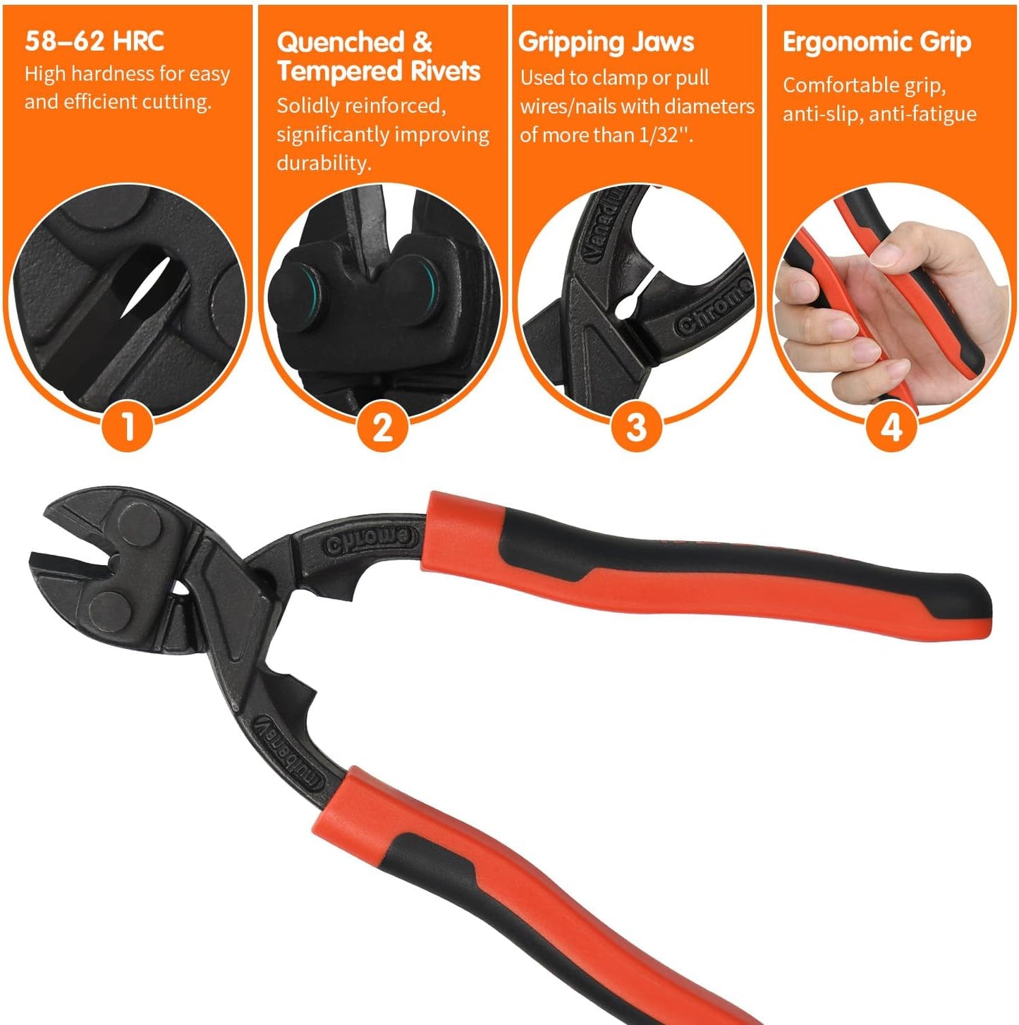 8-inch Mini Bolt Cutter, Heavy Duty Wire Cutters with Ergonomic Handle, High Hardness and High Leverage, CR-V V1258-DP02-B-196