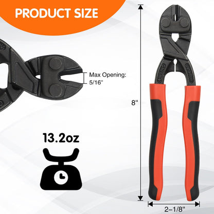 8-inch Mini Bolt Cutter, Heavy Duty Wire Cutters with Ergonomic Handle, High Hardness and High Leverage, CR-V V1258-DP02-B-196