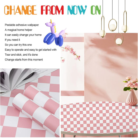 Checkered Wallpaper Peel and Stick Pink Mosaic Checkerboard Contact Paper 17.3"X120"Modern Self Adhesive V1258-DP02-B-1965