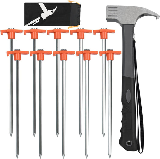 10 Pack 10in Heavy Duty Tent Stakes and Hammer Set, with Storage Pouch, for Outdoor Camping Tent, Tarp, V1258-DP02-B-197