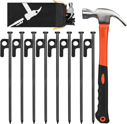 8 Pack 8in Heavy Duty Forged Steel Tent Stakes and Hammer Set, with Storage Pouch, Available in Rocky Place V1258-DP02-B-198