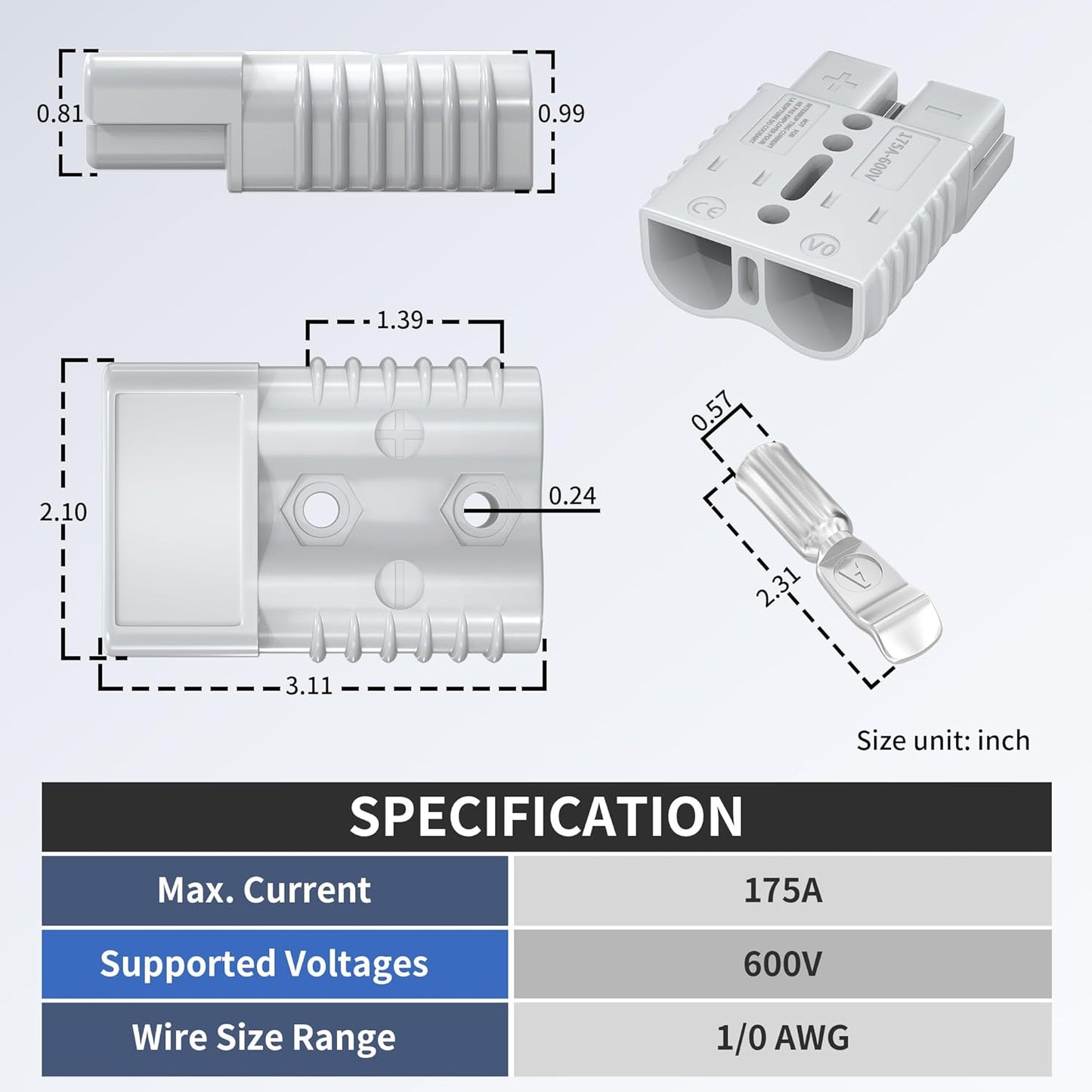 175Amp Battery Quick Connect/Disconnect Connector, 600V 1/0AWG Battery Cable Connector Wire Harness Plug V1258-DP02-B-1981