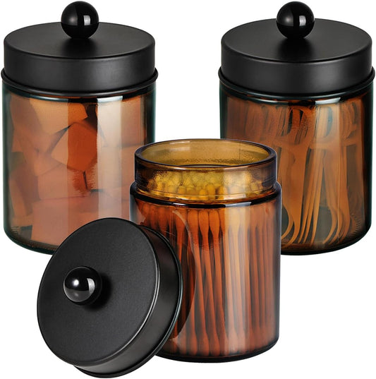 Amber Glass Qtip Holder, Apothecary Jar,Qtip Dispenser with Metal Lid & Stickers- 3Pack Containers,Vanity V1258-DP02-B-1983