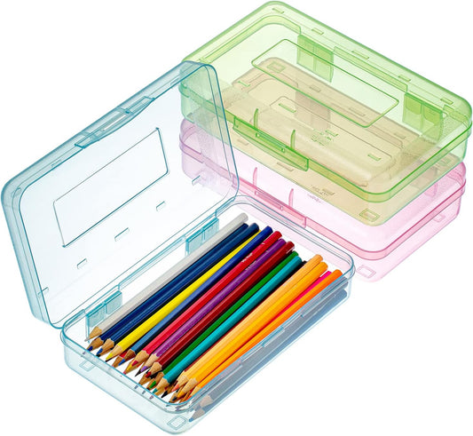 - Clear Pencil Boxes, 3 Pack, Assorted Colors, Snap-Tight Lid, Plastic Pencil Box Organizer V1258-DP02-B-1988
