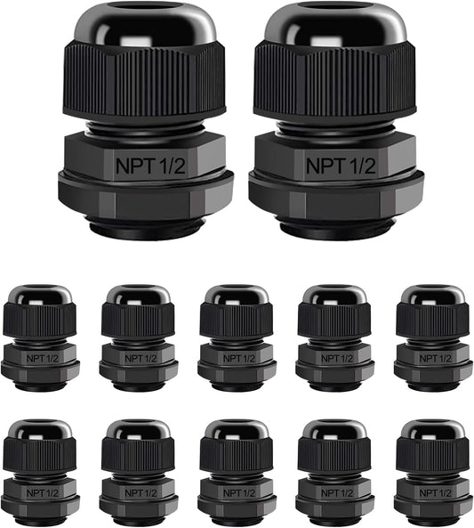 12 Pcs 1/2" NPT Cable Glands Nylon PA66, IP68 Waterproof Adjustable Power Strain Relief Cord Grips, Junction V1258-DP02-B-1990