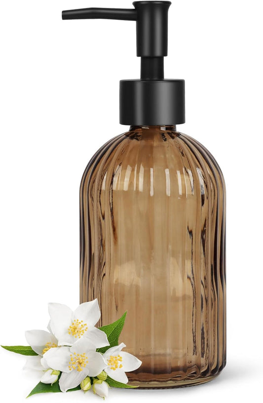 13.5oz Stripe Glass Soap Dispenser with Black Plastic Pump, 400ml Liquid Hand Soap Dispenser, Rustproof Pump V1258-DP02-B-1992