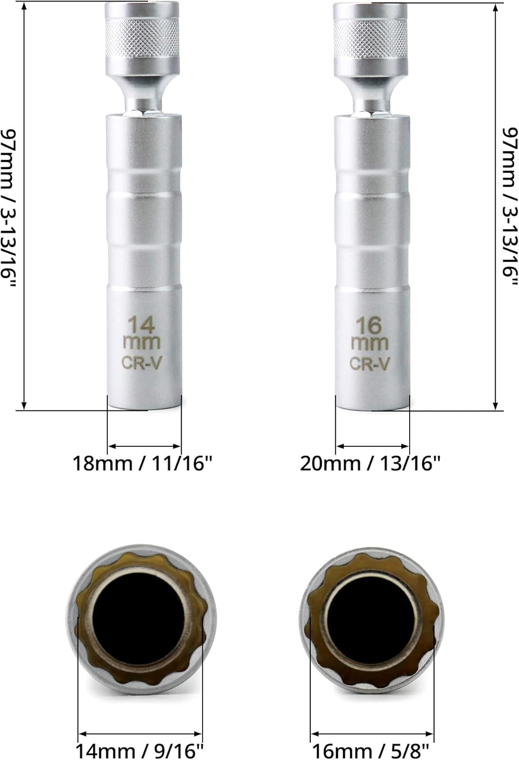 14mm&16mm Magnetic Swivel Spark Plug Socket, Thin Wall Magnetic Rotating 3/8" Drive 12 Point Standard Spark V1258-DP02-B-2013