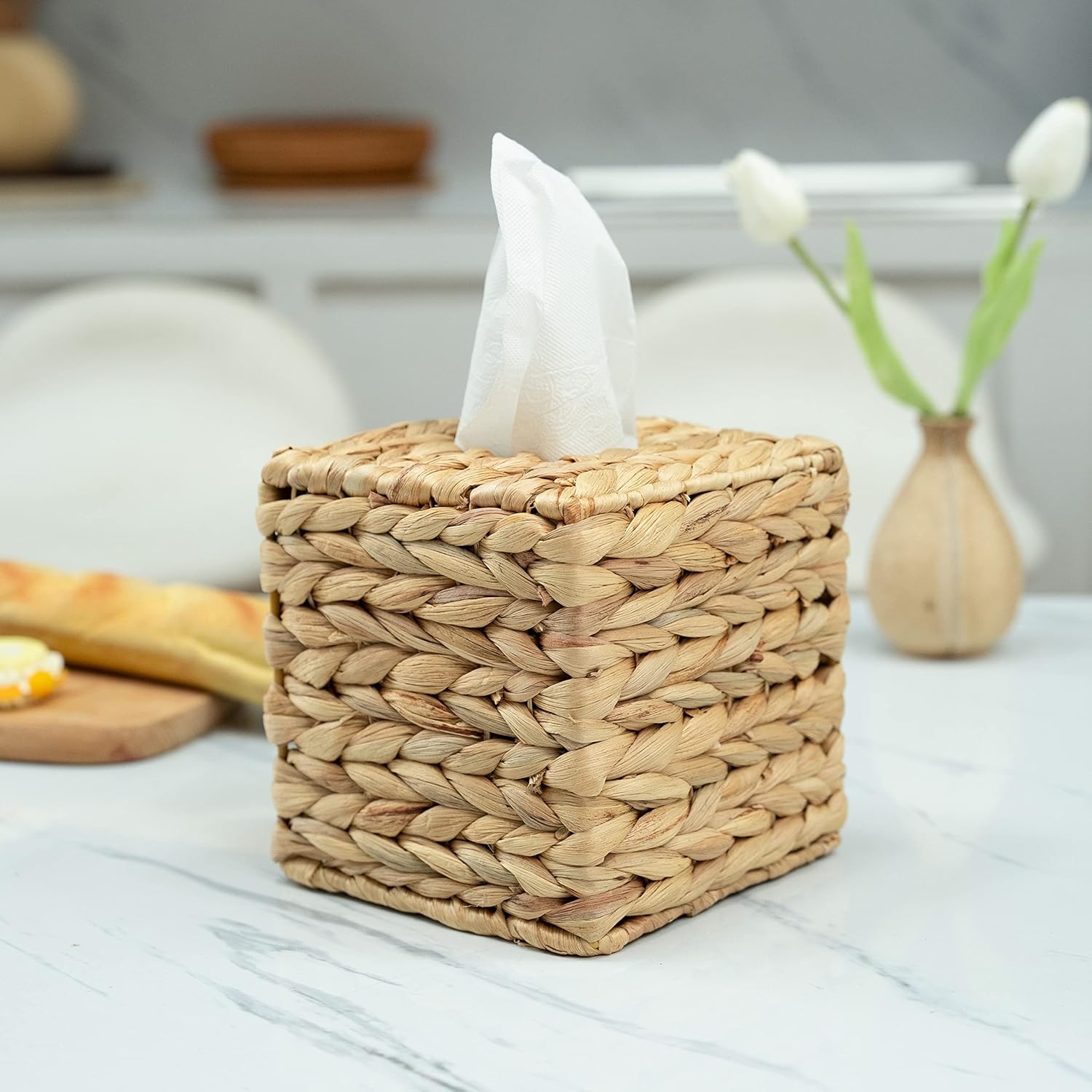 Tissue Box Holder - Square- Rattan Wicker Tissues Cube Box Cover -Boho Decorative Woven Facial Tissue Holder V1258-DP02-B-2017
