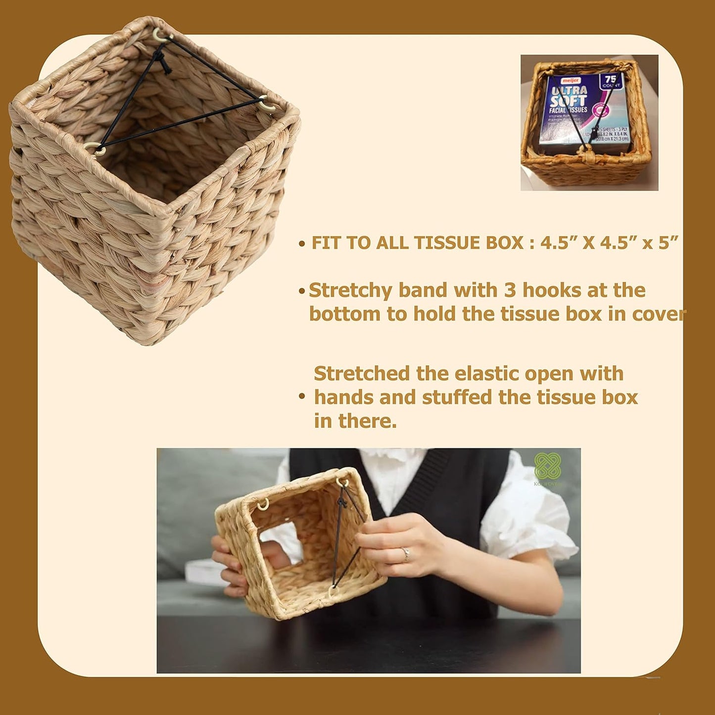 Tissue Box Holder - Square- Rattan Wicker Tissues Cube Box Cover -Boho Decorative Woven Facial Tissue Holder V1258-DP02-B-2017