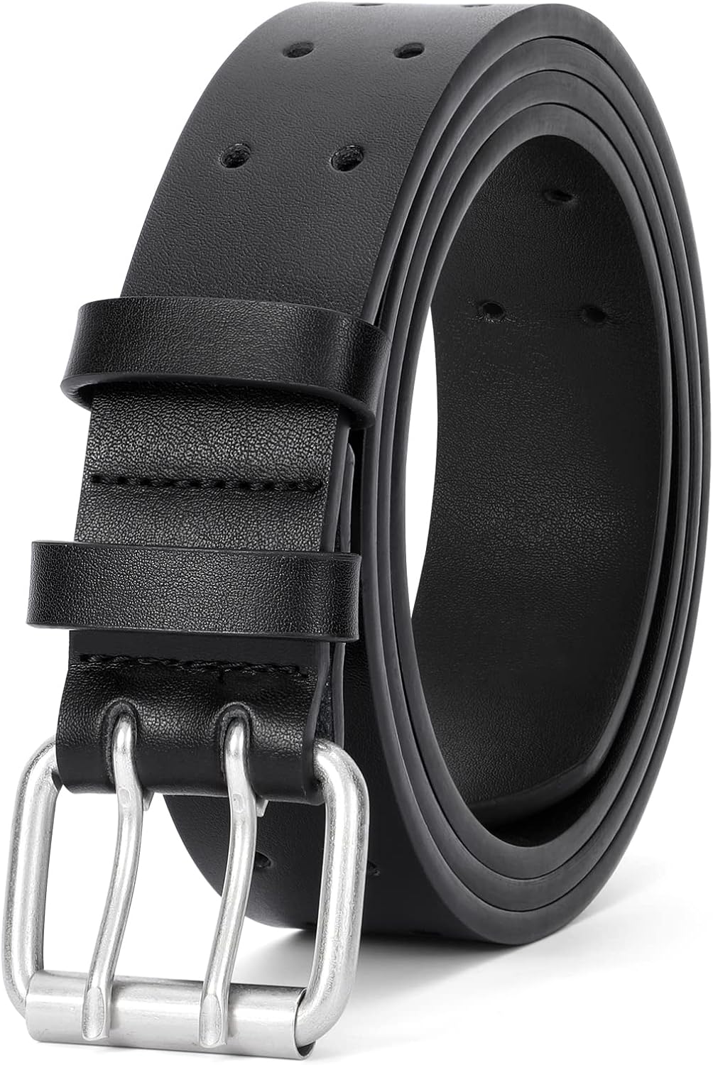 Men Double Prong PU Leather Belt Casual Work Heavy Duty Belt Double Grommet Holes Belt for Jeans V1258-DP02-B-2019