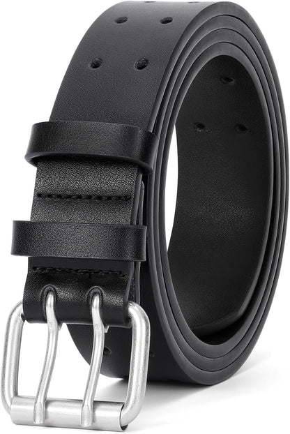 Men Double Prong PU Leather Belt Casual Work Heavy Duty Belt Double Grommet Holes Belt for Jeans V1258-DP02-B-2019