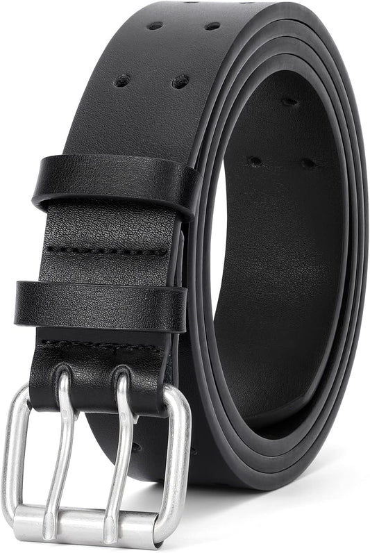 Men Double Prong PU Leather Belt Casual Work Heavy Duty Belt Double Grommet Holes Belt for Jeans V1258-DP02-B-2019