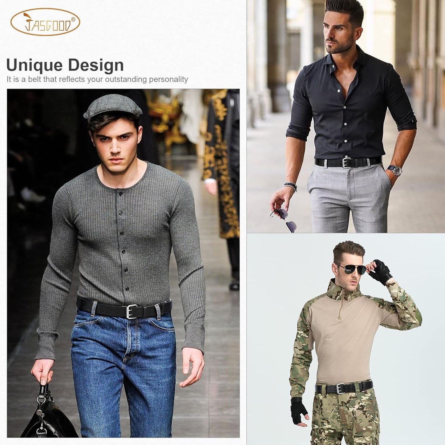 Men Double Prong PU Leather Belt Casual Work Heavy Duty Belt Double Grommet Holes Belt for Jeans V1258-DP02-B-2019