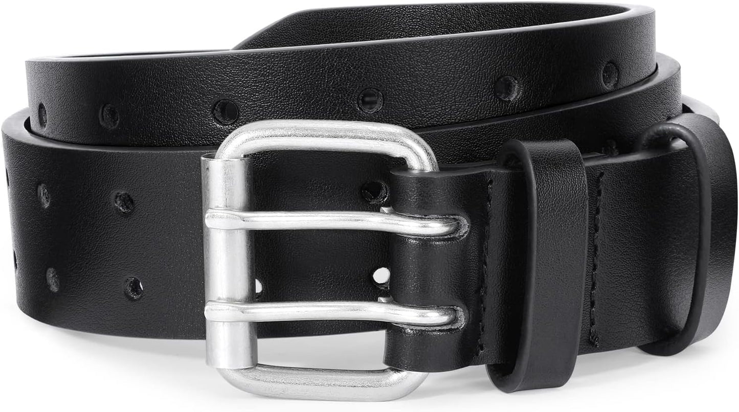 Men Double Prong PU Leather Belt Casual Work Heavy Duty Belt Double Grommet Holes Belt for Jeans V1258-DP02-B-2019