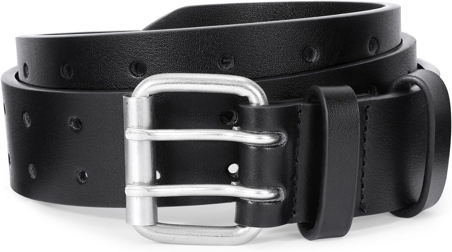 Men Double Prong PU Leather Belt Casual Work Heavy Duty Belt Double Grommet Holes Belt for Jeans V1258-DP02-B-2019