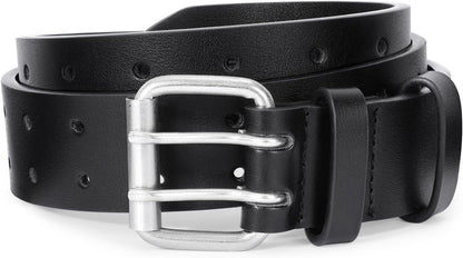 Men Double Prong PU Leather Belt Casual Work Heavy Duty Belt Double Grommet Holes Belt for Jeans V1258-DP02-B-2019