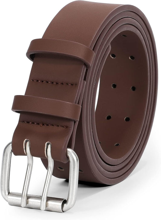 Men Double Prong PU Leather Belt Casual Work Heavy Duty Belt Double Grommet Holes Belt for Jeans V1258-DP02-B-2020