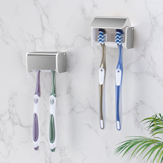 2 PCS Toothbrush Holders Wall Mounted with Cover, Electric Tooth Brushing Holder for Bathroom, 2 Slots Self V1258-DP02-B-2041