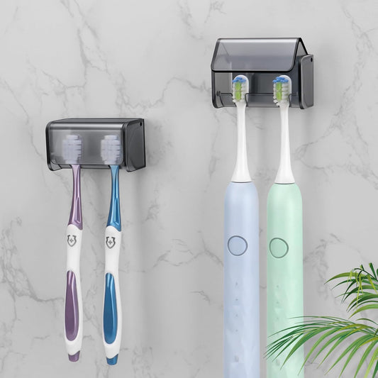 2 PCS Toothbrush Holders Wall Mounted with Cover, Electric Tooth Brushing Holder for Bathroom, 2 Slots Self V1258-DP02-B-2042