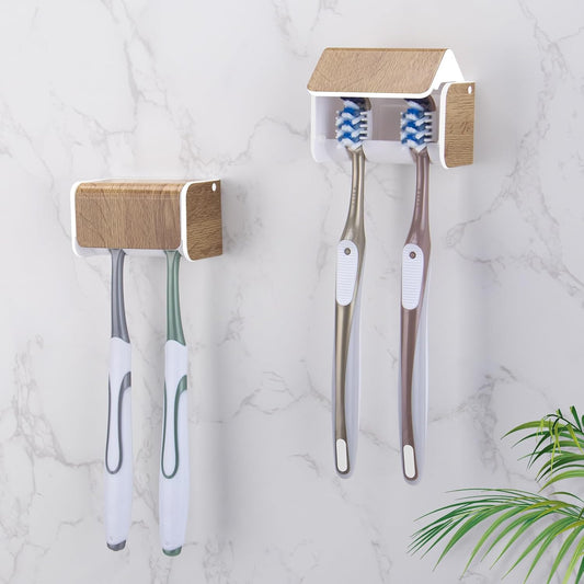 2 PCS Toothbrush Holders Wall Mounted with Cover, Electric Tooth Brushing Holder for Bathroom, 2 Slots Self V1258-DP02-B-2044